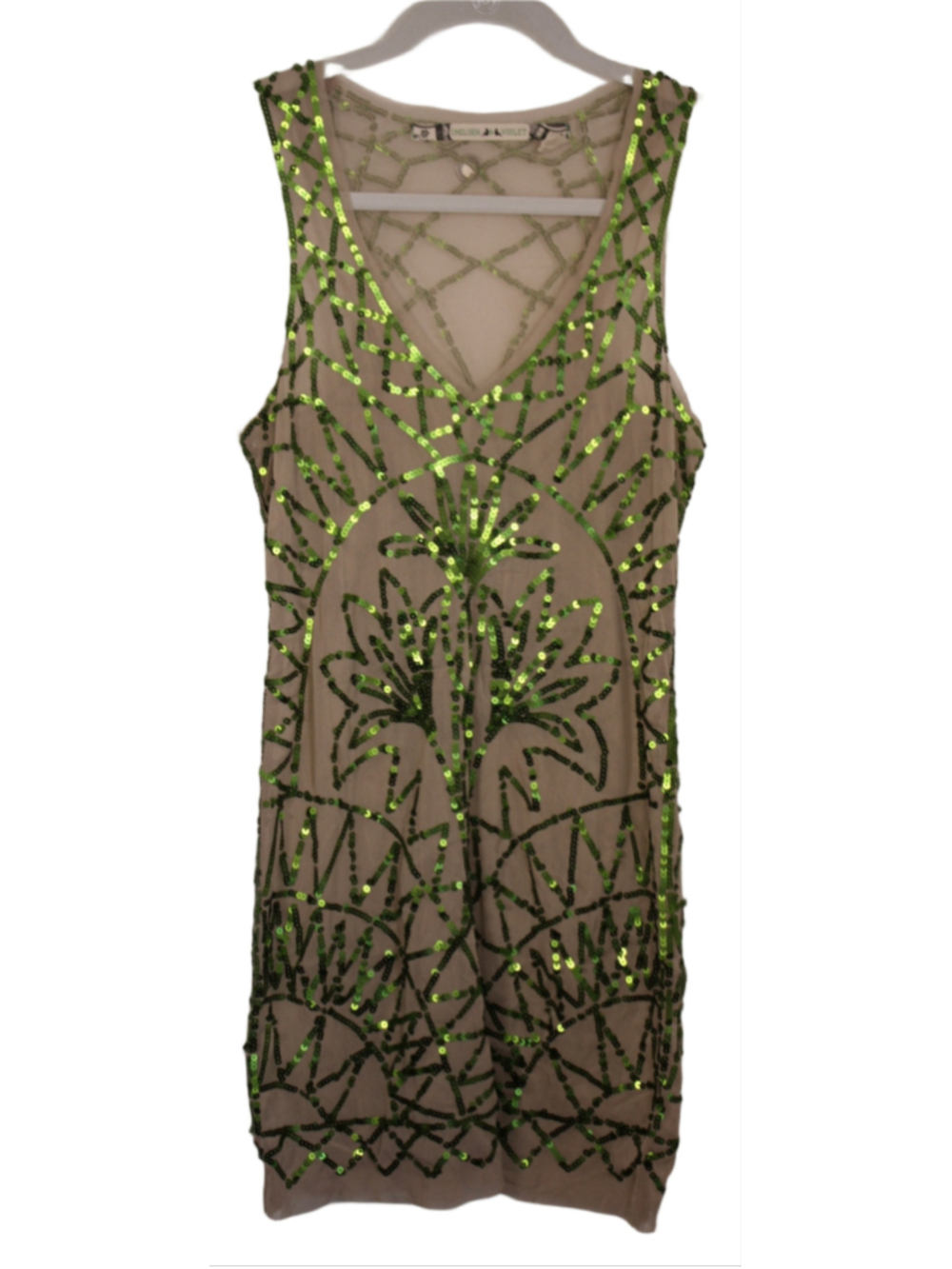 Chelsea & Violet Green Sequin Sheer Mesh Mini Dress Tan Art Deco Festival Small - Picture 1 of 7